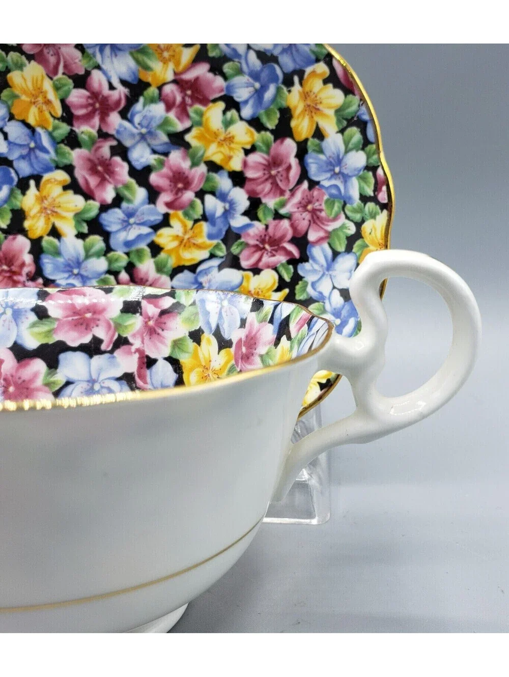 Vtg Radfords Teacup & Saucer Chintz Bone China England 8561 Pink Blue Yellow